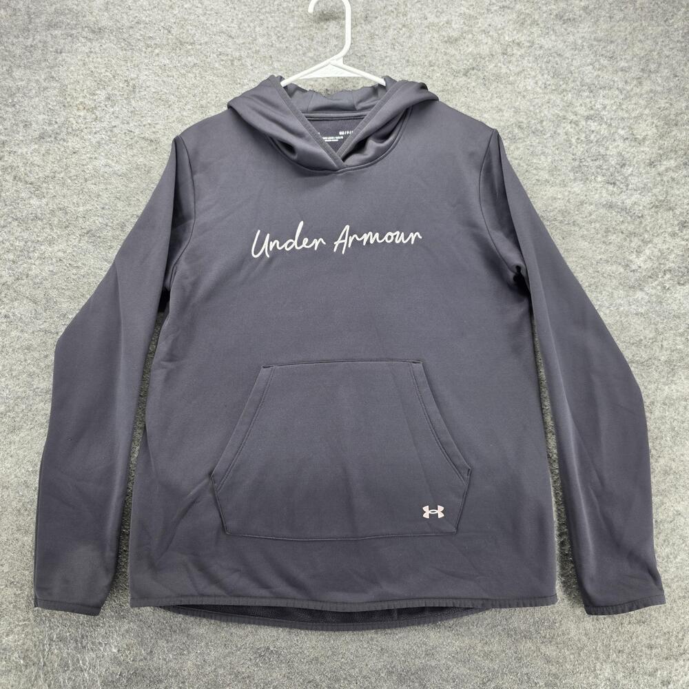 Under Armour Hoodie Womens S Gray Pullover Hooded Pockets Fleece Script Logo